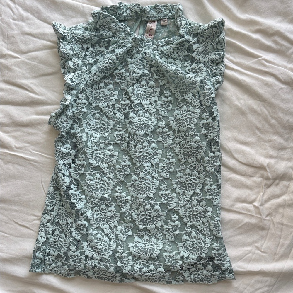 Anthropologie Dolan Left Coast Green Sheer Lace Mock Neck Tank, Sz M